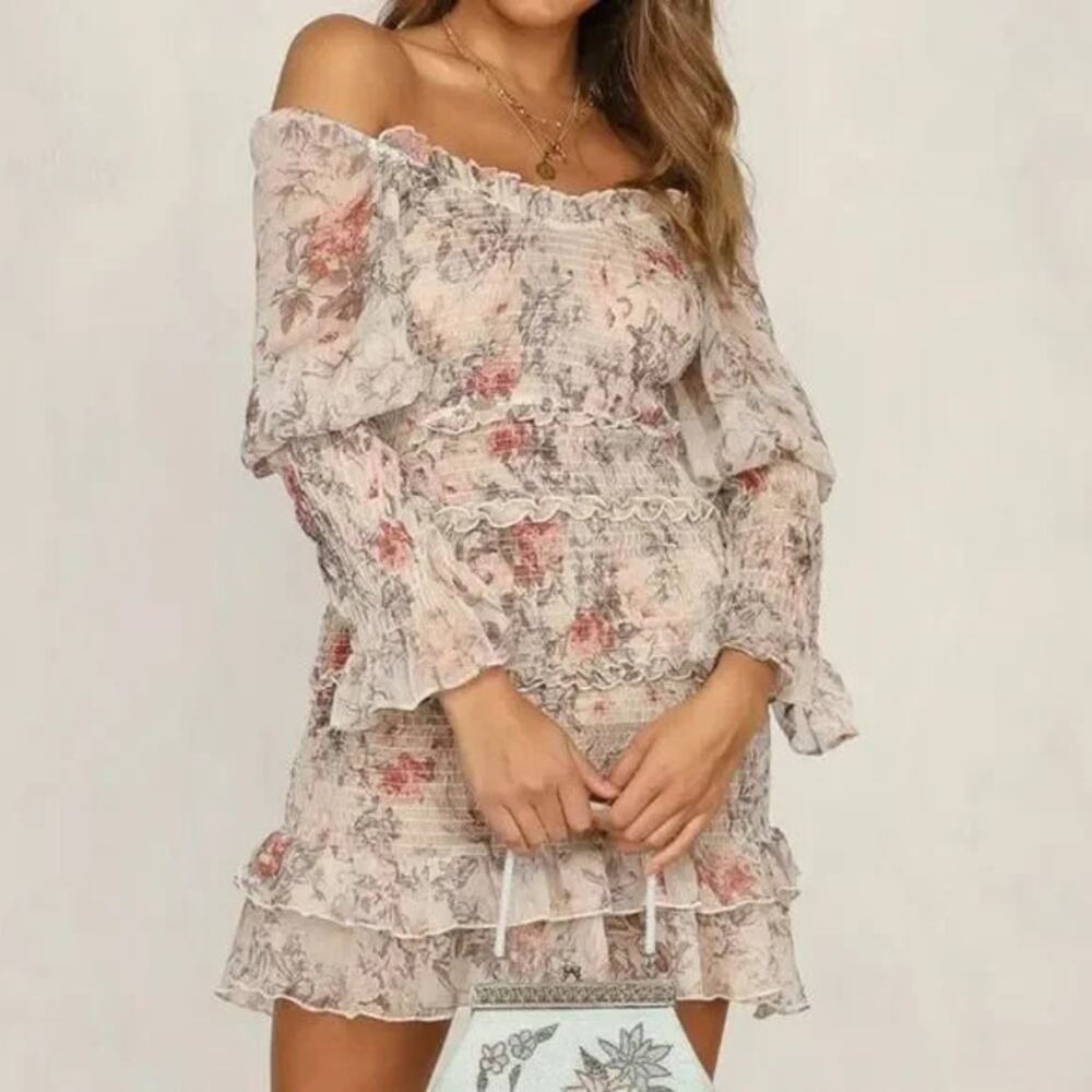 SNDYS.  Floral Ruched Ruffle Bodycon Long Puff Sleeve Mini Dress Women's S